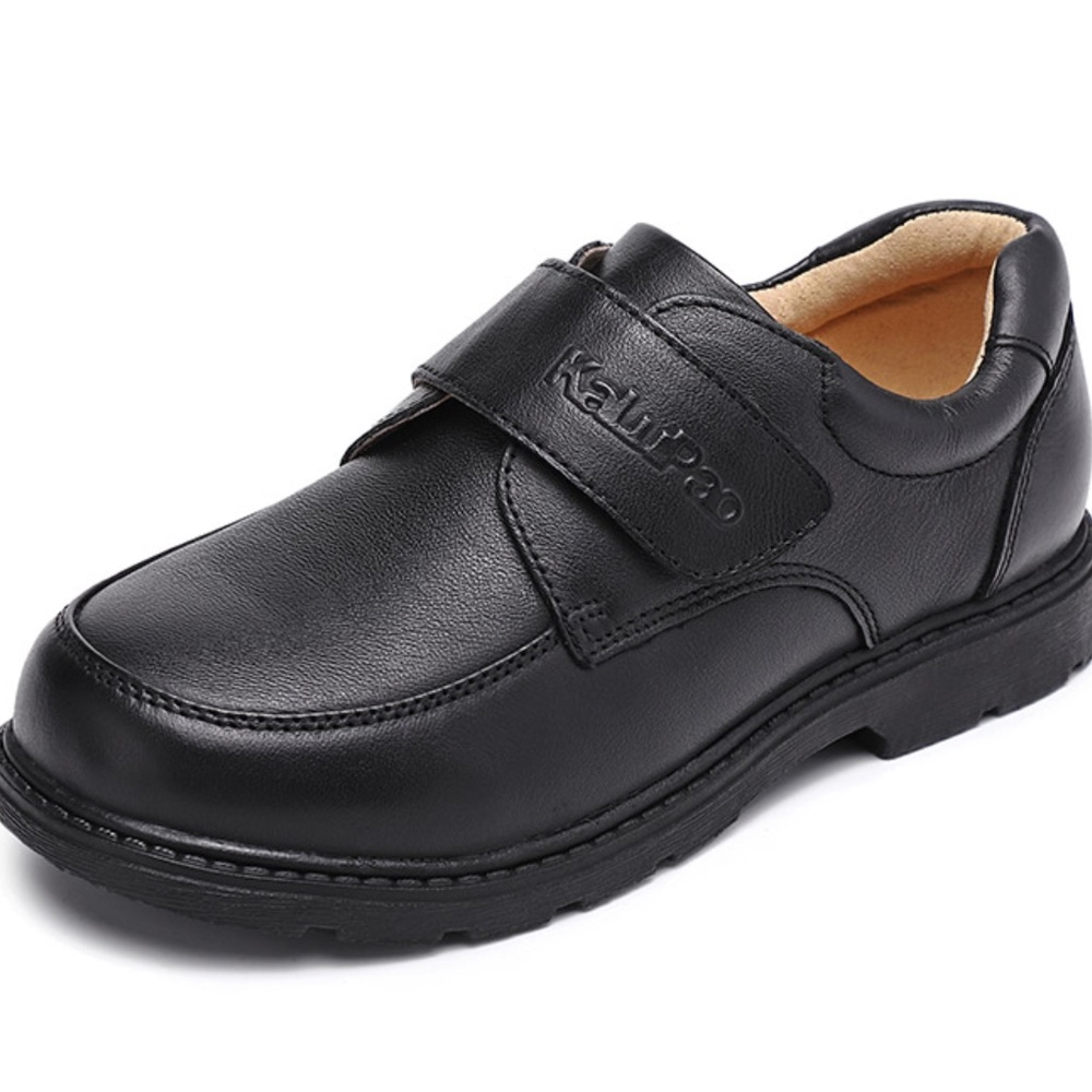 Boy Black Dress Shoe/Velcro/Round Flat/Slip on/ Genuine Leather/Back to School/ - Picture 7 of 11